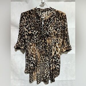 Cocomo Women’s Large Animal Print Tunic Blouse Shirt Top V-Neck Roll Tab Sleeve